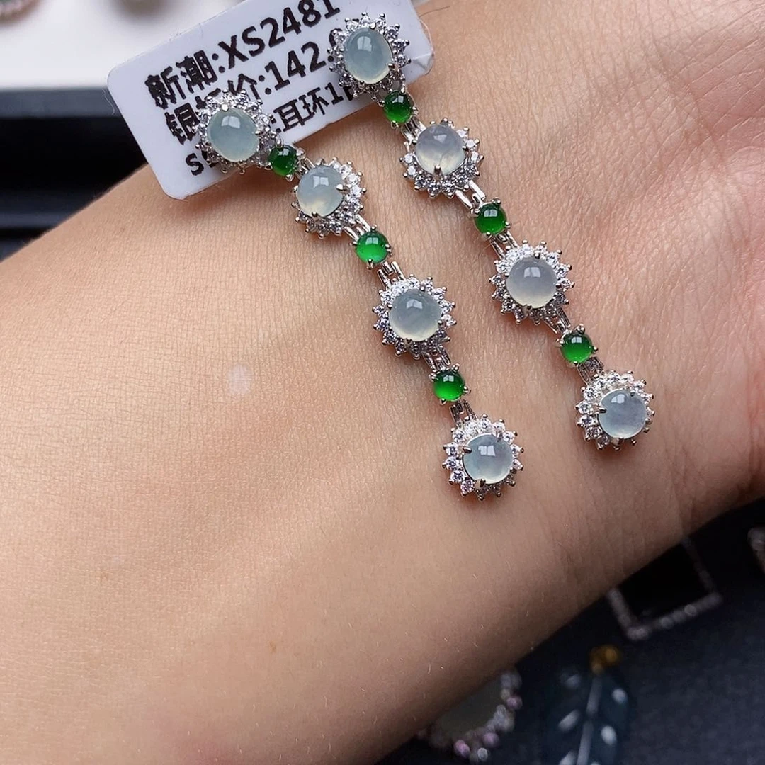 翡翠耳饰银S925镶嵌紫*穗耳饰