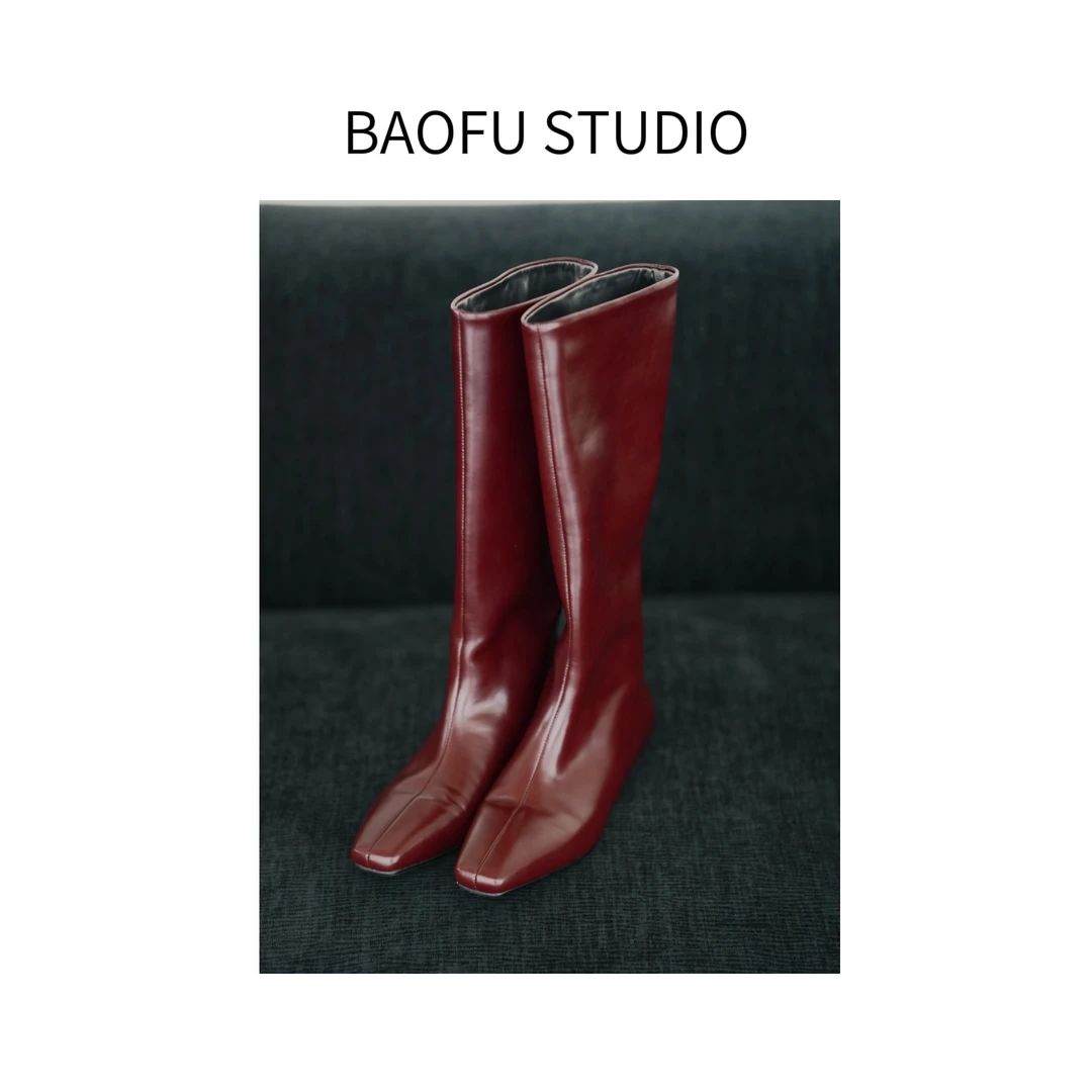 BAOFU studio｜深色樱桃红时装靴秋冬高筒鞋红色黑色牛皮真皮靴子