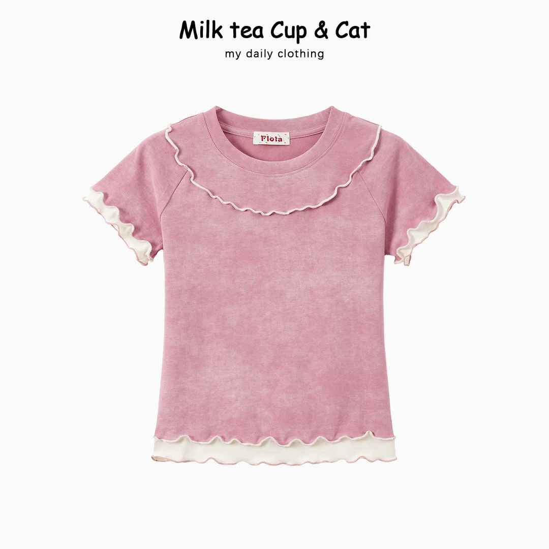 【现货】甜美撞色木耳边圆领短袖T恤气质扎染小众设计百搭新款2056