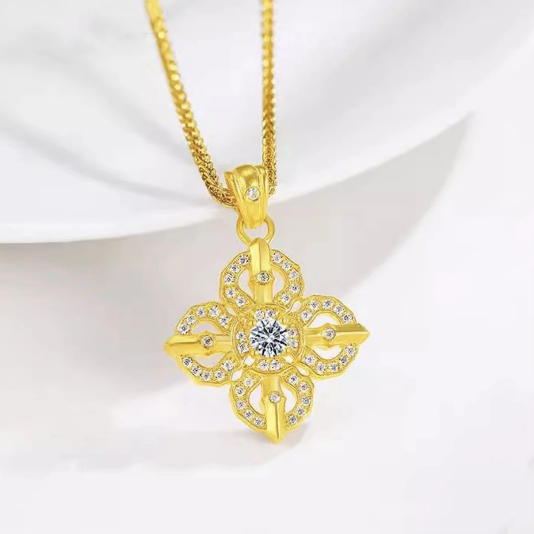 现货黄金999足金古法满钻十字架十字金刚杵单吊坠