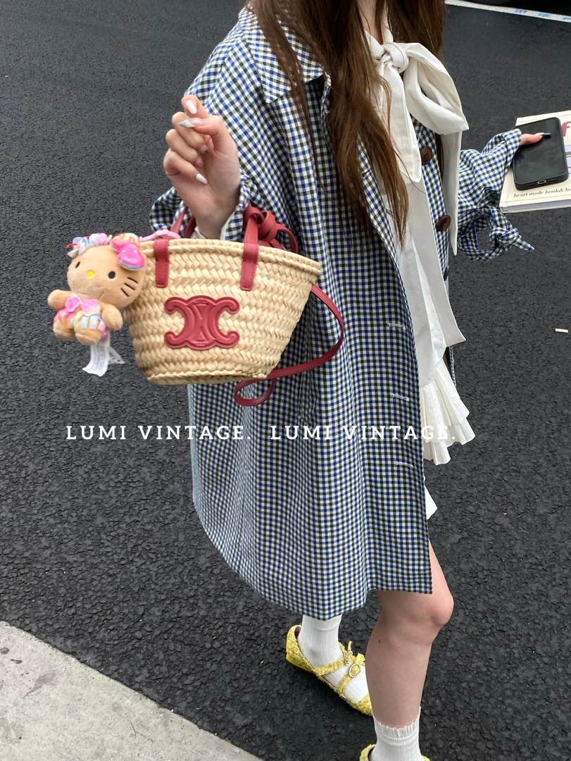 95新 Celine/思琳 树莓红竹编mini菜篮子 79306740