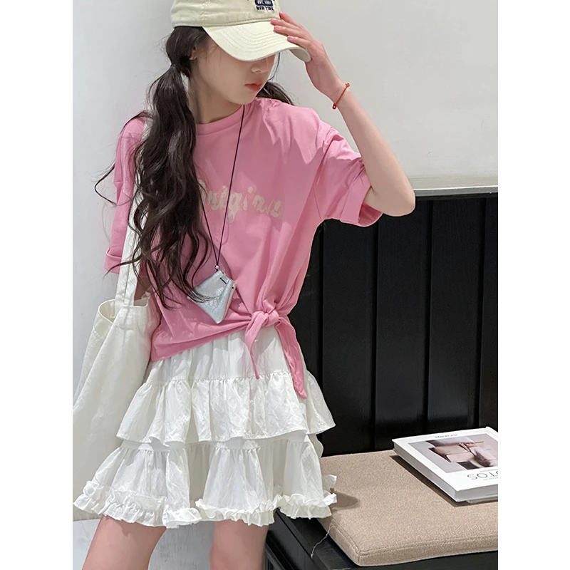 K28499孙小美腰头系带女童短袖T恤2025夏装新款儿童宽松半袖