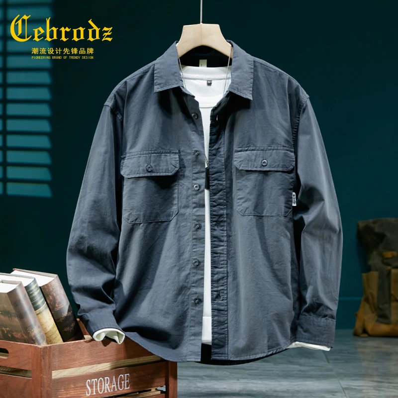 法国Cebrodz纯棉工装衬衫男士2025春秋季新款免烫处理宽松外套男