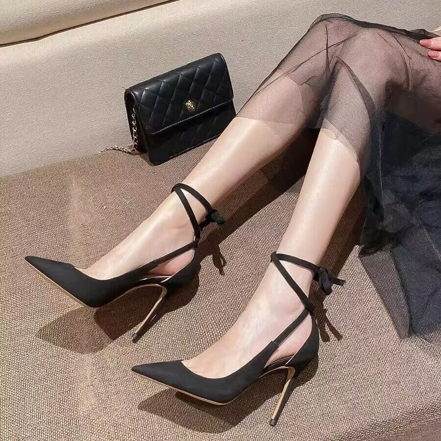 系带高跟鞋女年绑带凉鞋细跟黑色床上高跟女夏法式新款女单鞋