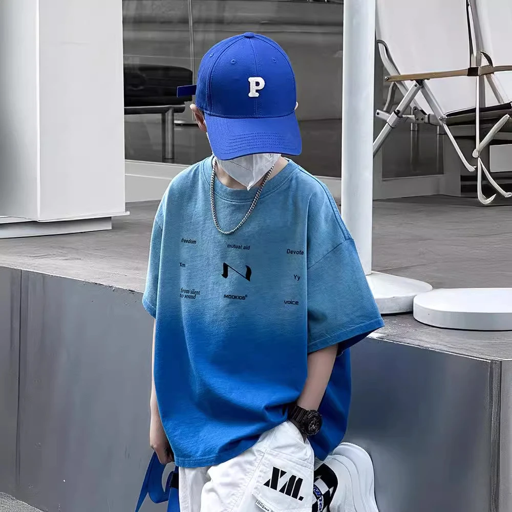 中大童男孩短袖重磅纯棉t恤夏 童装2025新款渐变色男童短袖宽松潮