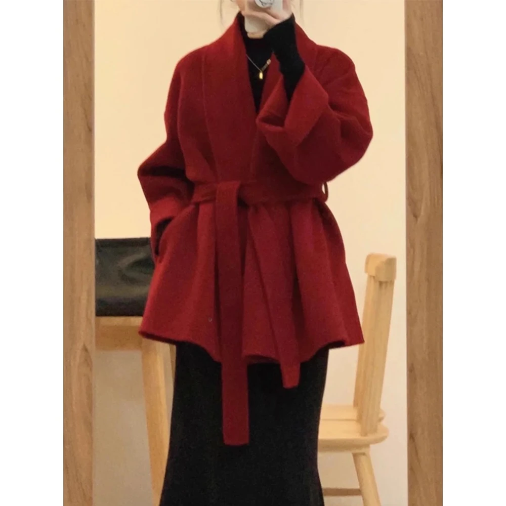 新年衬衫手工羊毛双面羊毛女式外套红色2024秋小个秋冬中长款大衣
