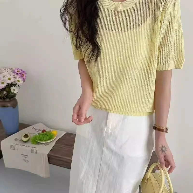 圆领纯色竖坑条短袖套头-黄色B19（实物以直播间为准）