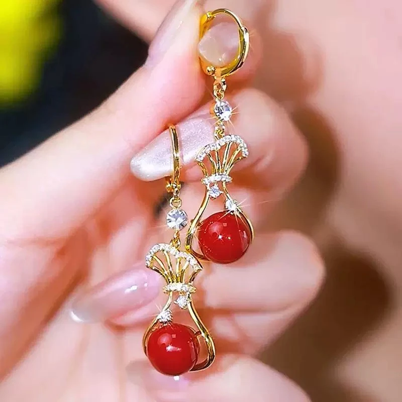 925银针耳饰 【305号】时尚气质红色福袋耳饰