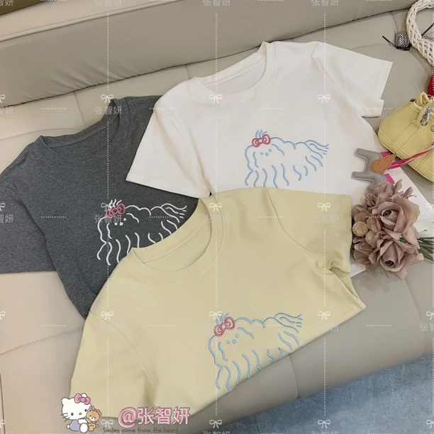 【拖把狗】短袖T恤女2025夏季新款修身显瘦圆领小狗绣花上衣