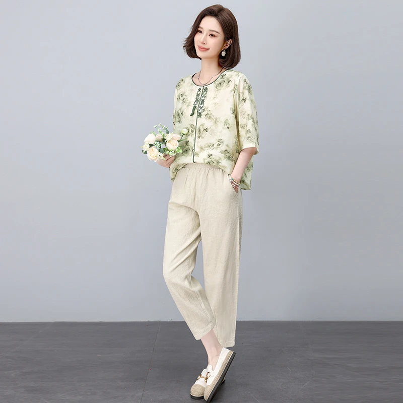 棉麻套装女2025夏季新款短袖碎花七分裤时尚休闲碎花高级感两件套