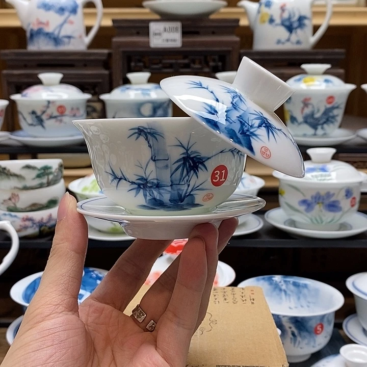 手绘咏竹悬停盖碗150cc釉下彩微瑕福利款