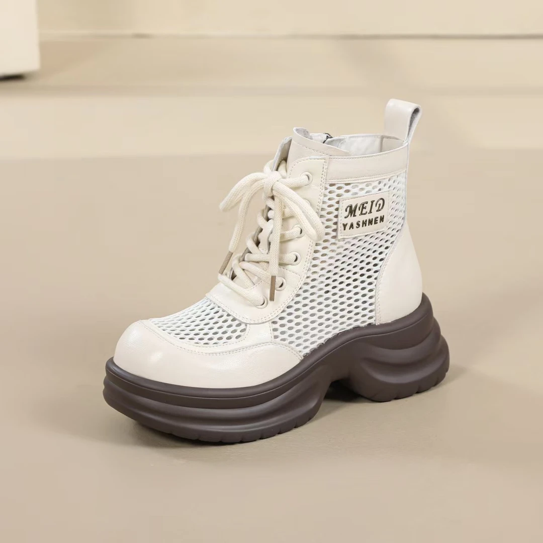 夏季英伦风女镂空真皮网纱马丁靴凉靴女高跟时尚粗跟马丁靴白色