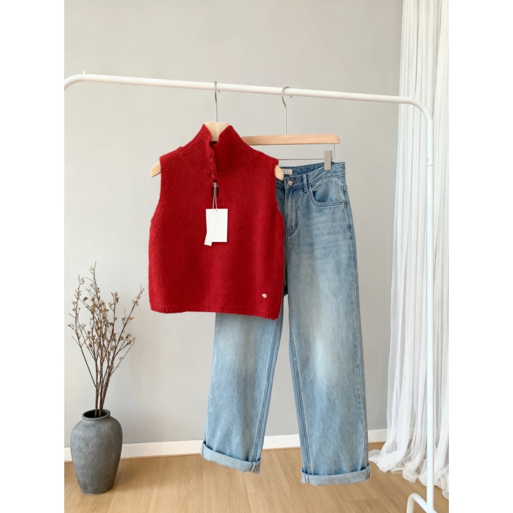 巨好看！颜值拉满！叠穿红色高领针织马甲女背心坎肩毛衣上衣秋冬季