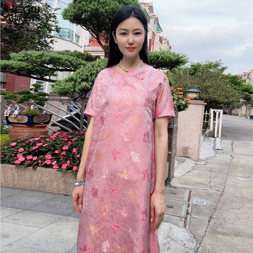 浒城古娘国风中式复古桑蚕丝气质女士短袖百搭连衣裙WB250473