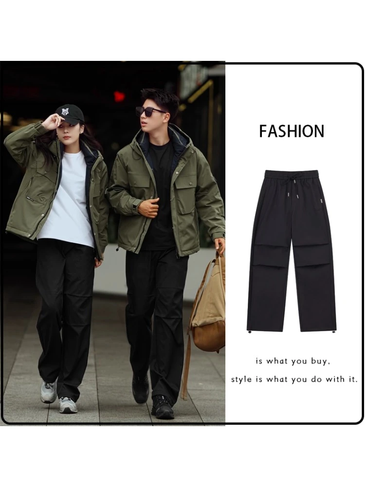 美式复古褶皱2025新款秋宽松潮流松紧百搭休闲冲锋户外运动中长裤