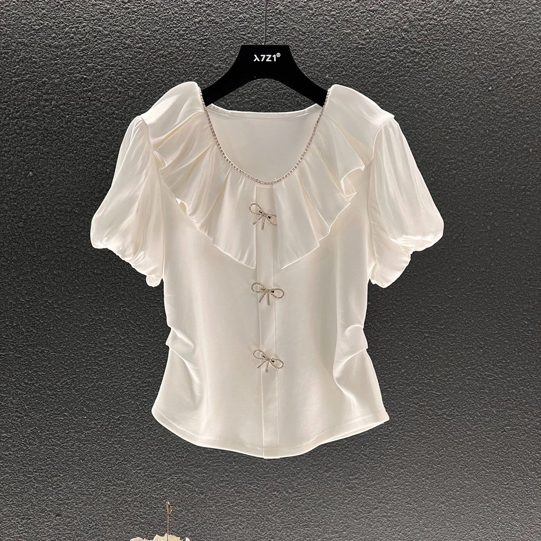 25新款 蝴蝶结装饰修身款 甜美公主风白色荷叶边泡泡袖上衣女