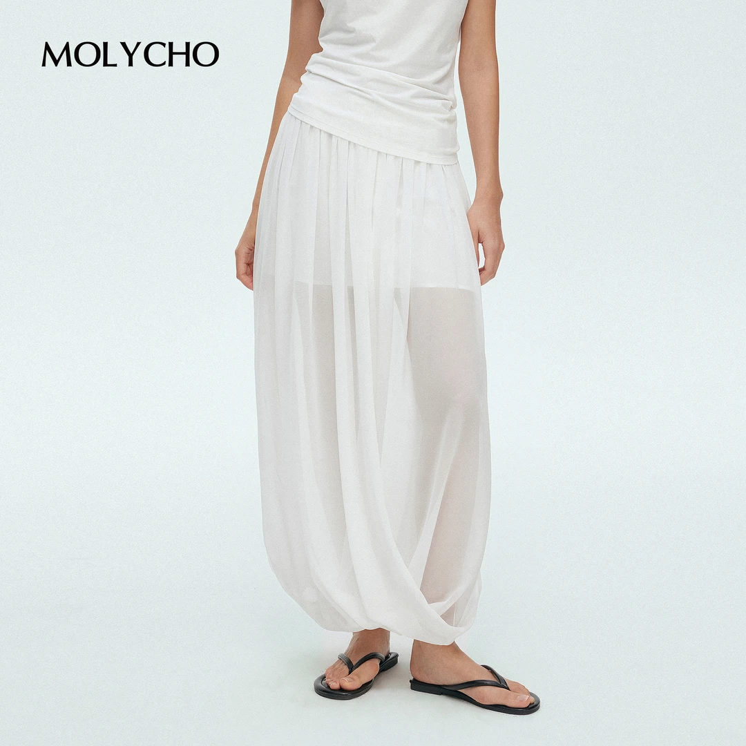 MOLYCHO｜朦胧氛围感/百搭微透扭结裙裤/网纱花苞半身裙百褶半裙女