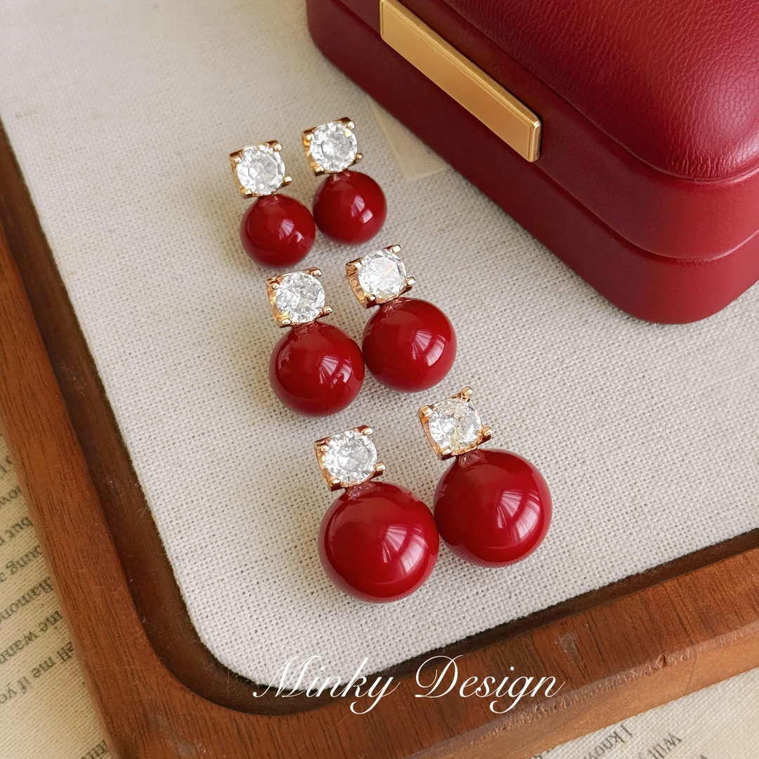 铜合金仿珍珠耳饰 「丹砂映耳」红色轻奢耳钉高级感耳环蚊香盘耳夹