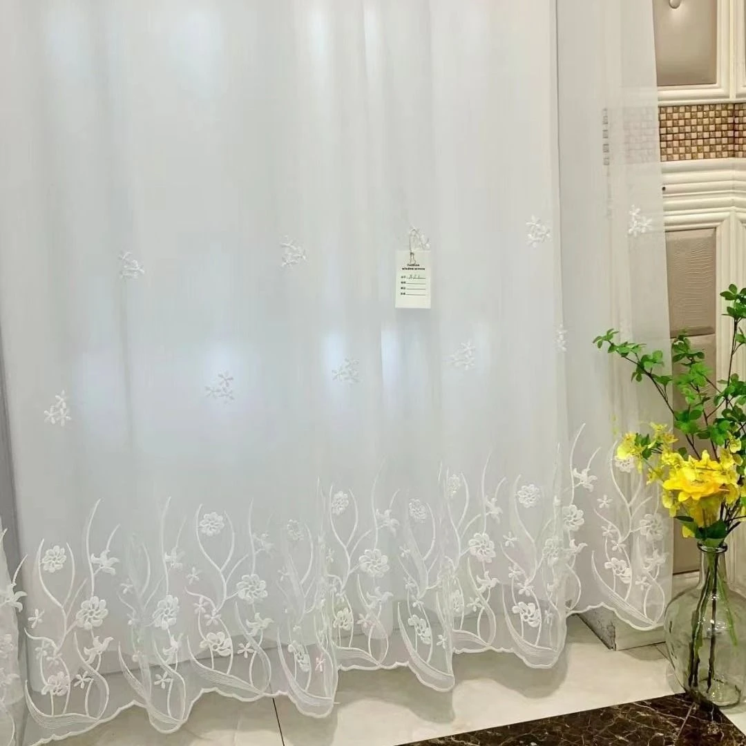 绣花窗纱透光白纱帘简约现代窗帘纱客厅卧室飘窗阳台成品