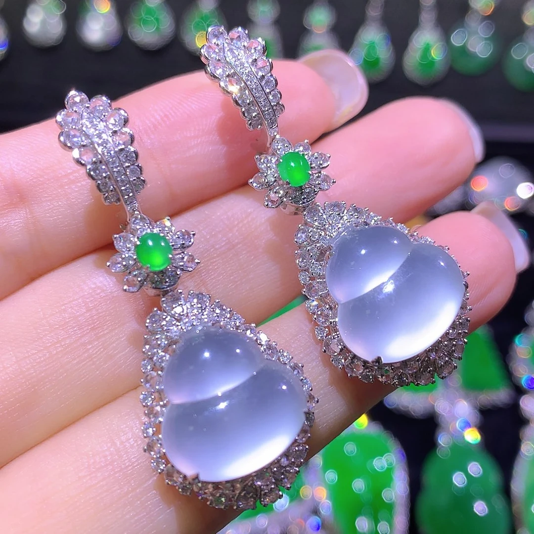 翡翠18K金镶嵌耳饰玻璃种炸光葫芦耳坠吊坠后盖可拆卸一刀切