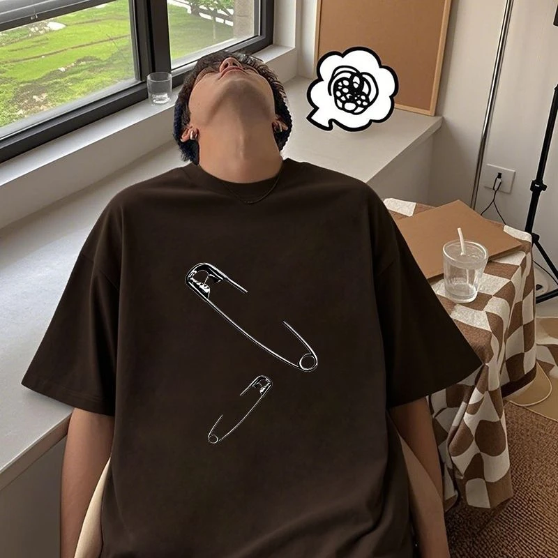 小众设计感印花短袖t恤男夏季纯棉宽松慵懒风帅气咖啡色小众上衣