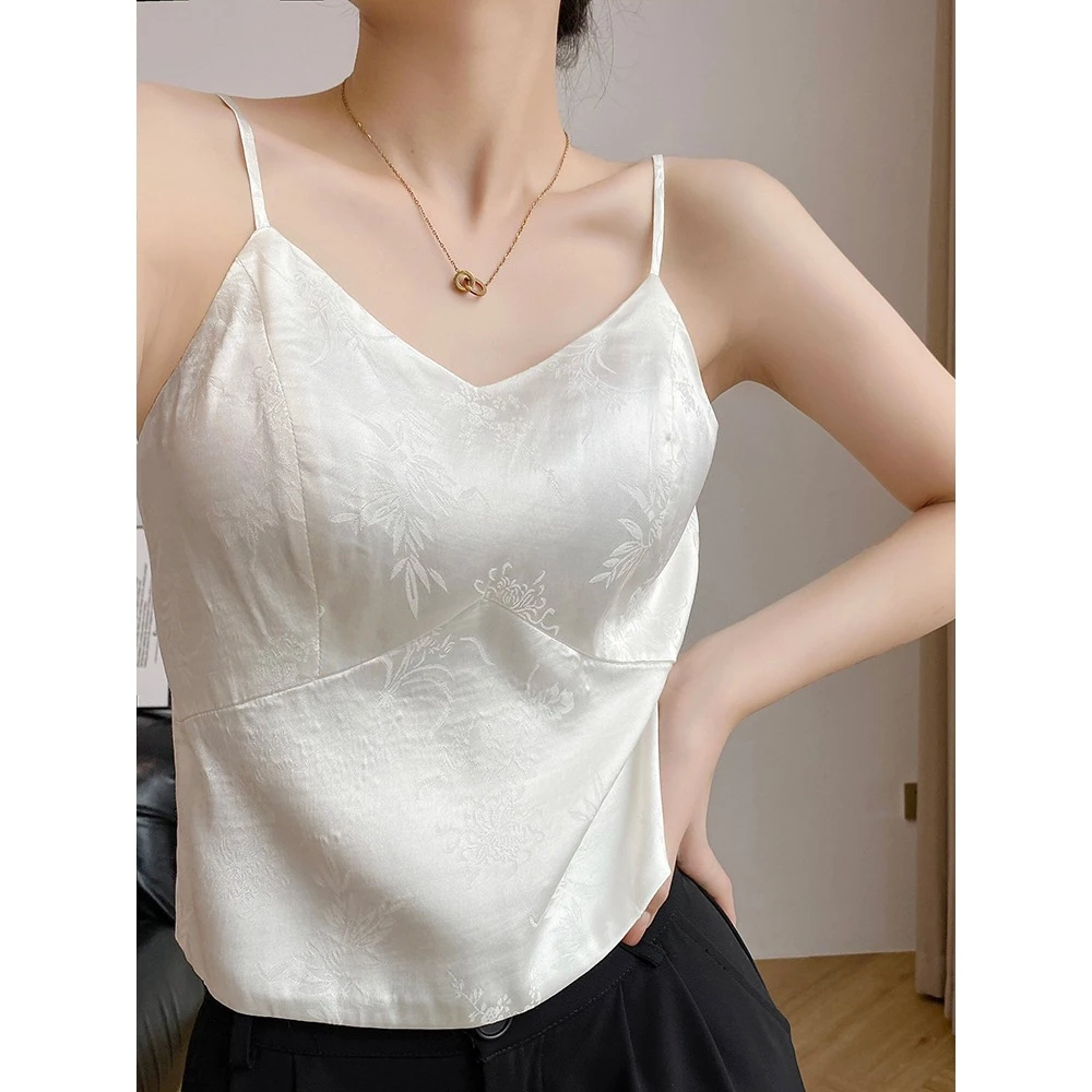 B新款夏季外穿提花带胸垫新中式国风吊带上衣小背心女内搭通勤