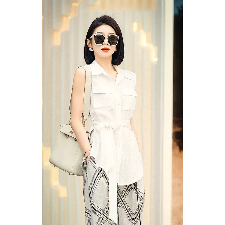 可A30413设计感气质显瘦系腰带衬衫式马甲女薄款修身百搭马夹上衣