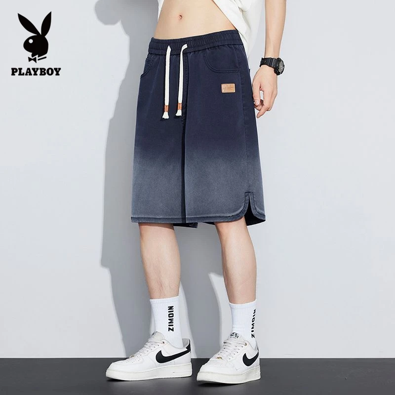 花花公子渐变短裤男士2025新款夏季薄款宽松休闲中裤天丝仿牛仔裤