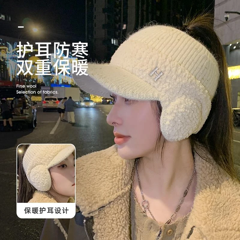 东北帽子女秋冬毛线帽加厚保暖户外骑车防风护耳女士空顶棒球帽