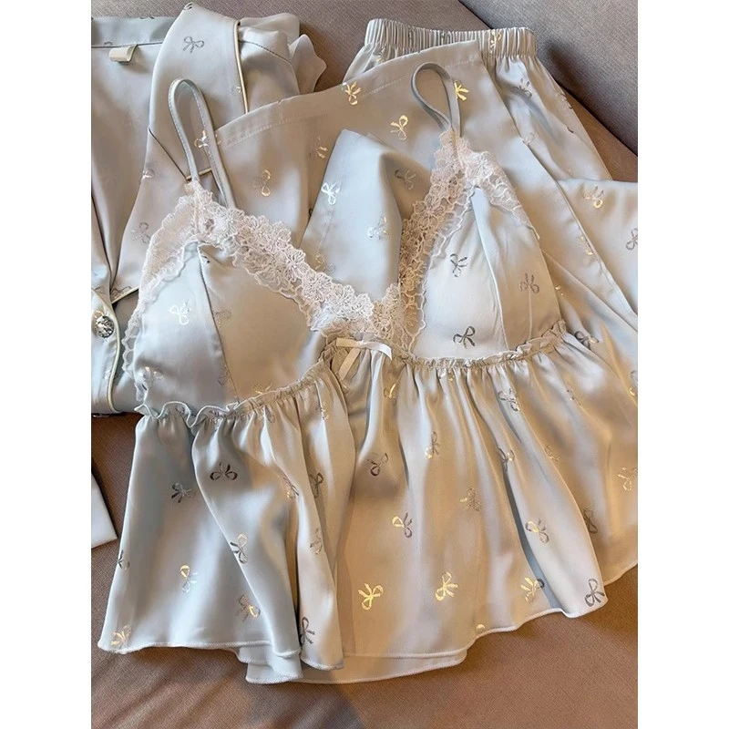 冰丝吊带短裤睡衣女春秋夏季性感带胸垫甜美蕾丝长袖家居服四件套