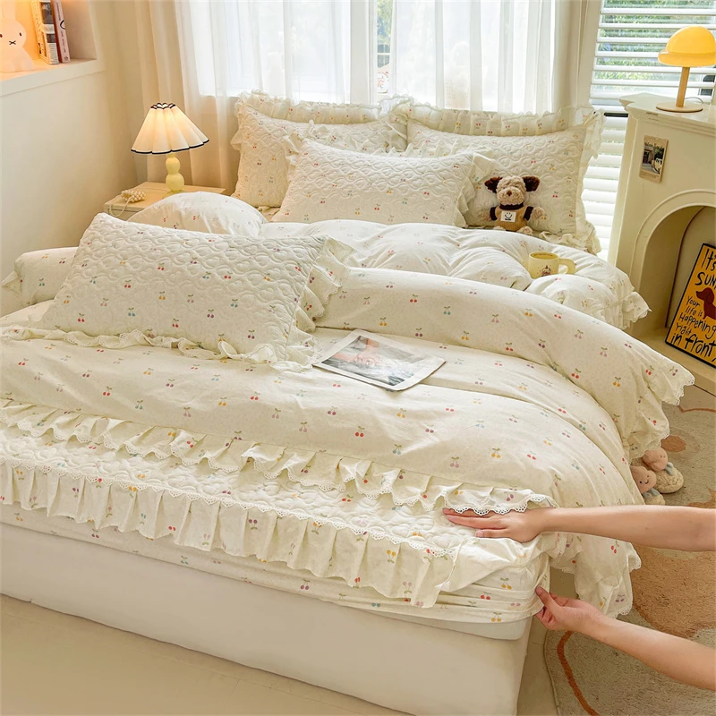 韩式花边全棉夹棉床笠四件套纯棉公主风四季通用席梦思保护床套
