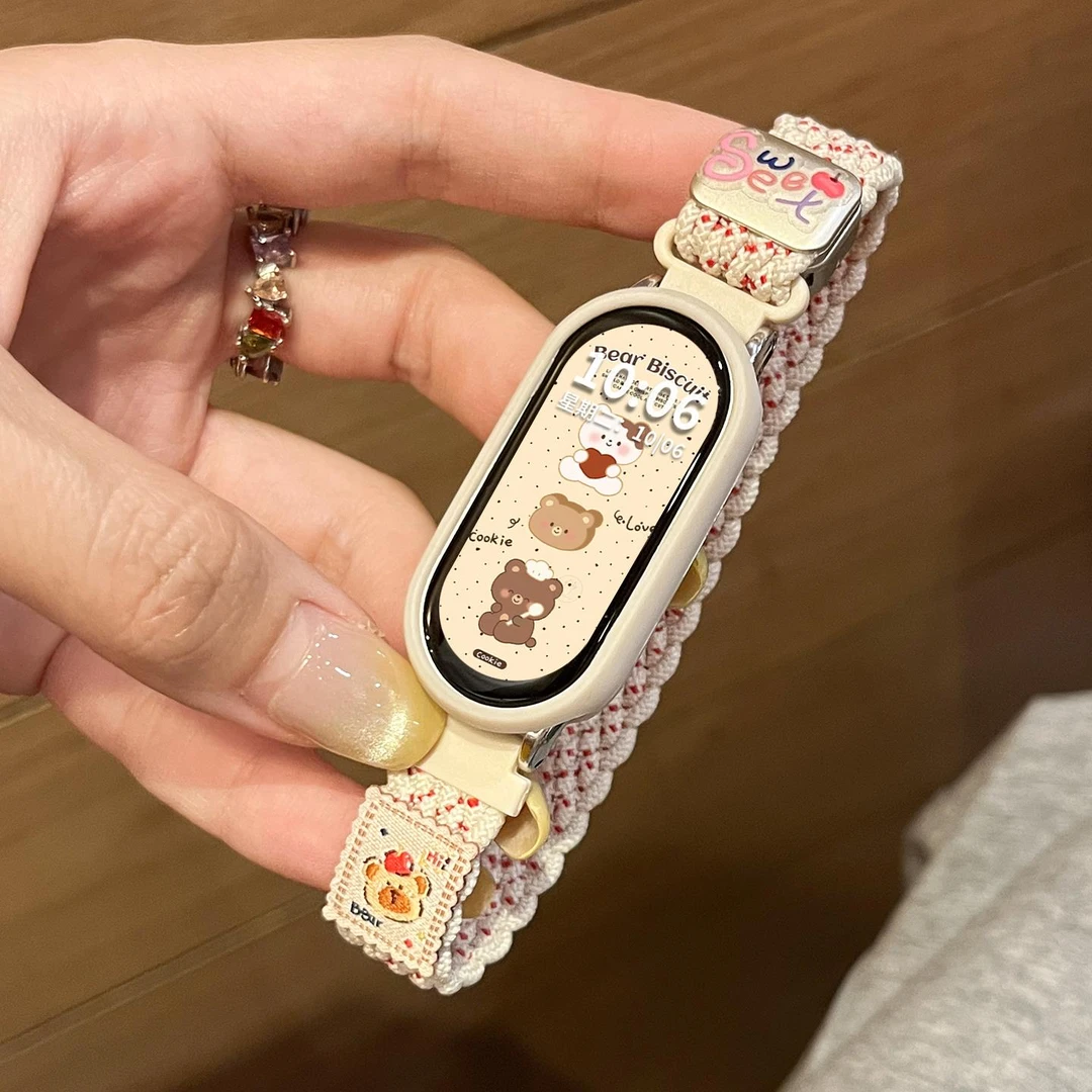 可爱卡通苹果小熊适用小米9手环表带10夏天9pro新款8女生编织尼龙
