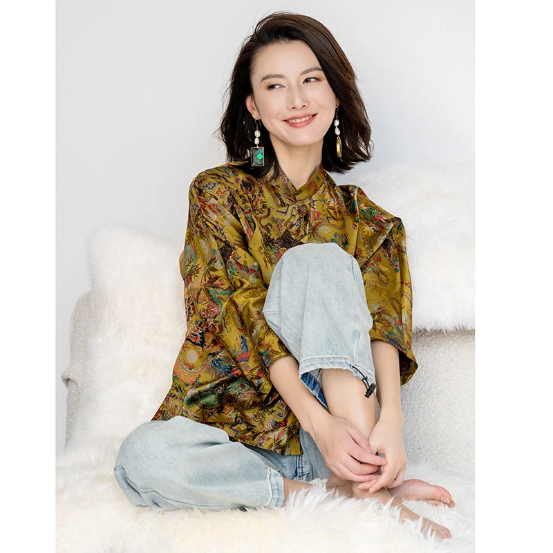 JADE SHADW/翡翠影原创设计印花衬衫立领七分袖宽松旗袍上衣B1914