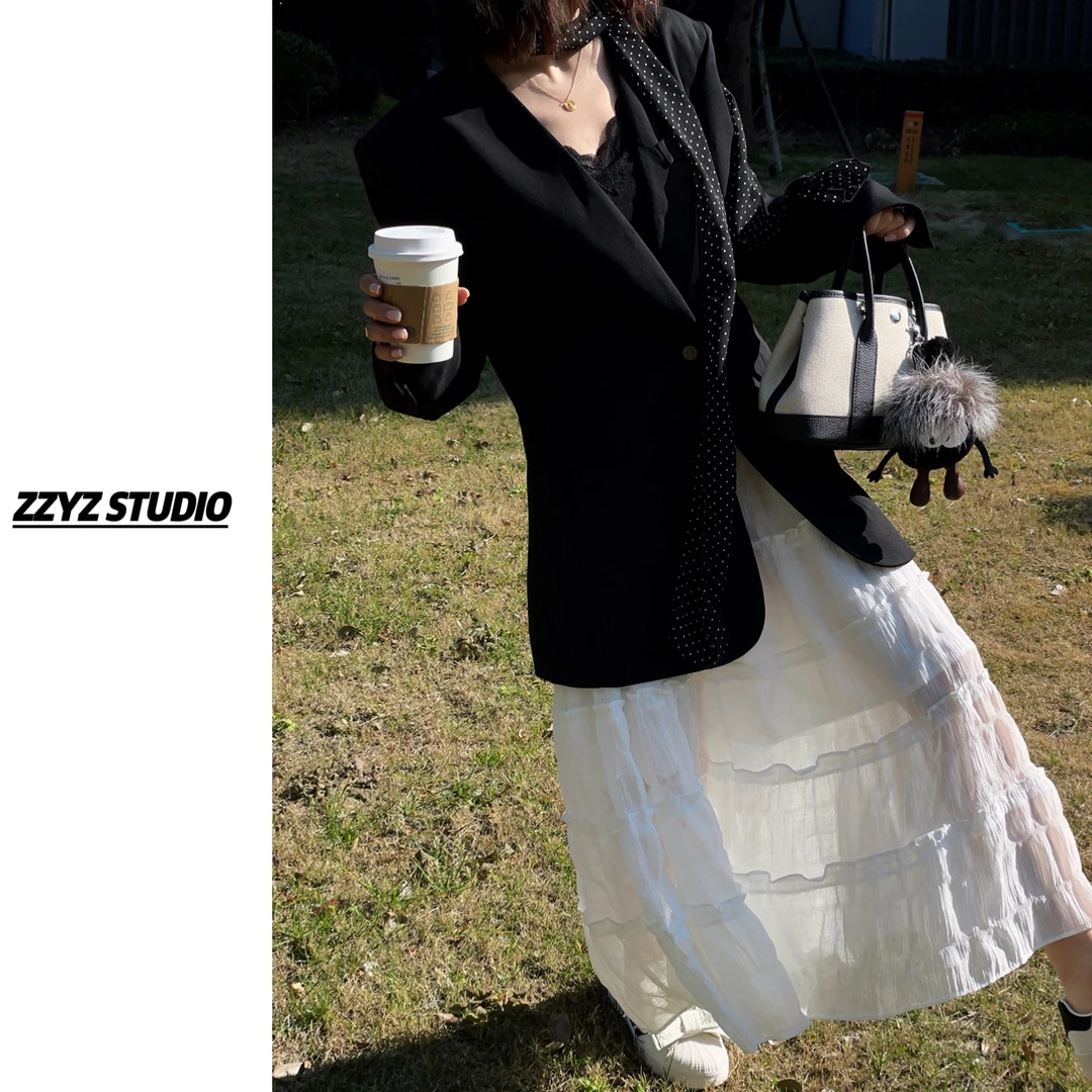 【ZZYZ】“白色多巴胺”松紧腰压褶蛋糕裙舒适显瘦半身裙 6806