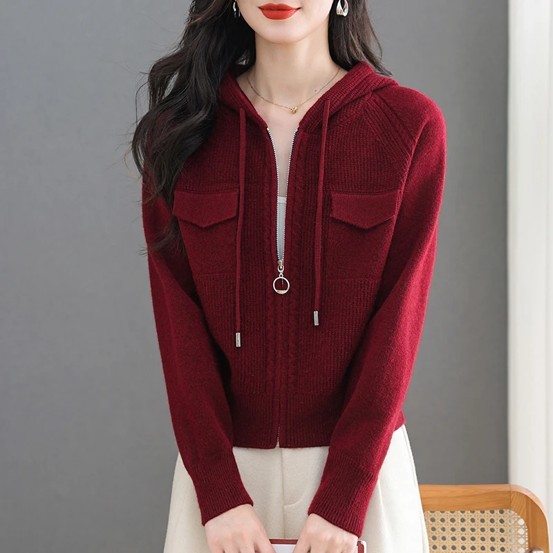 爆款高腰短款连帽毛衣外套女秋冬拉链羊毛衫上衣针织开衫小外搭