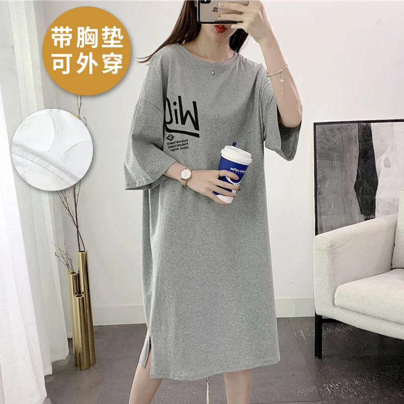 带胸垫睡裙女夏季薄款宽松一体睡衣短袖网红风韩范春秋休闲可外穿
