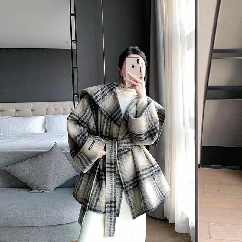 加厚网红爆款秋冬新款双面羊毛大衣海军领格子纯色毛呢外套现货