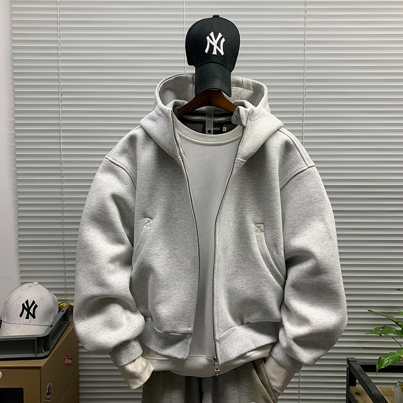 连帽卫衣男款春秋新款潮牌休闲宽松百搭简约纯色重磅开衫上衣外套