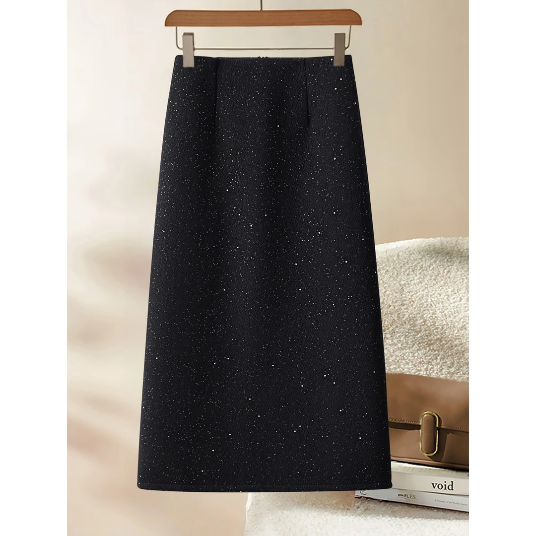 拉夏贝尔亮片a字半身裙女秋冬2025新款高腰直筒黑色西装包臀裙子