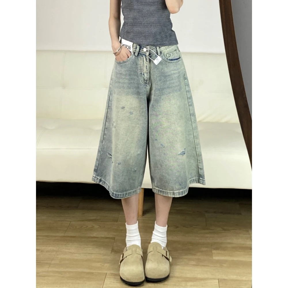 美式复古宽松阔腿潮牌休闲裤女2025夏季新款水洗做旧破洞七分裤子