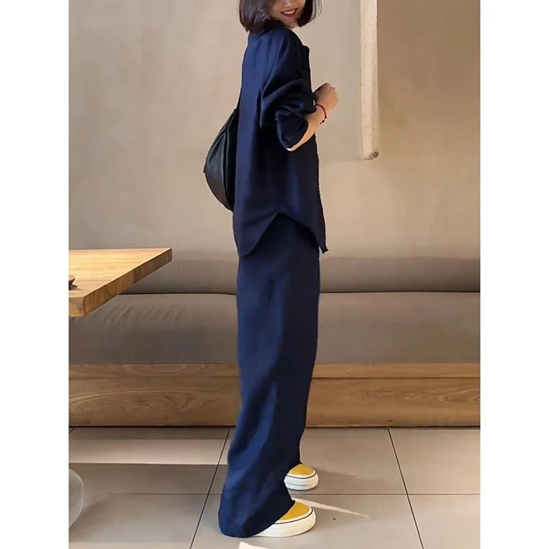 2025年夏季新款复古风天丝套装女时尚宽松亚麻上衣薄款裤子两件套