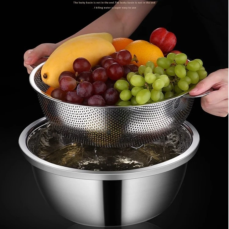 QSD-【拍一发二件】不锈钢淘米沥水篮漏筛洗米洗菜盆篮套装家用25CM