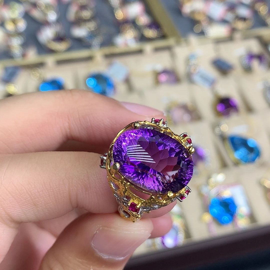 水晶银S925镀金镶嵌戒指