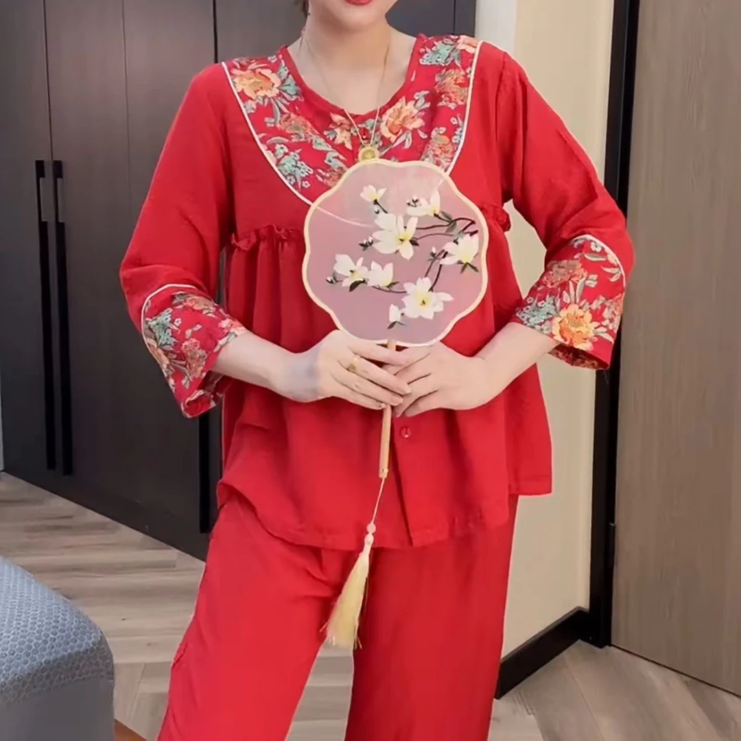 女长袖睡衣家居服夏季套装网红时尚女装民族风套装春秋季女士