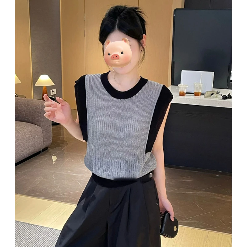撞色拼接圆领镂空冰丝针织背心女夏外穿薄款宽松显瘦无袖坎肩上衣