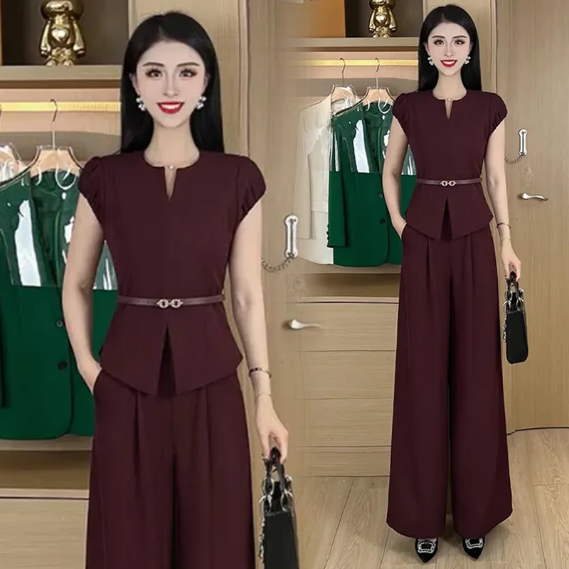 时尚职业套装女夏季新款洋气收腰显瘦V领短袖上衣阔腿裤两件套潮