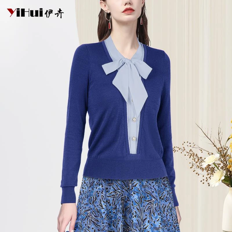 YIHUI伊卉针织衫女长袖上衣蝴蝶结v领职业打底衫薄款毛衣SA245300