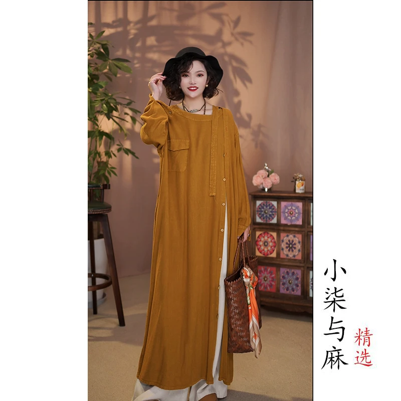【小柒与麻】复古风侧开襟带飘带长款裙袍（衣长118胸围132）姜黄色