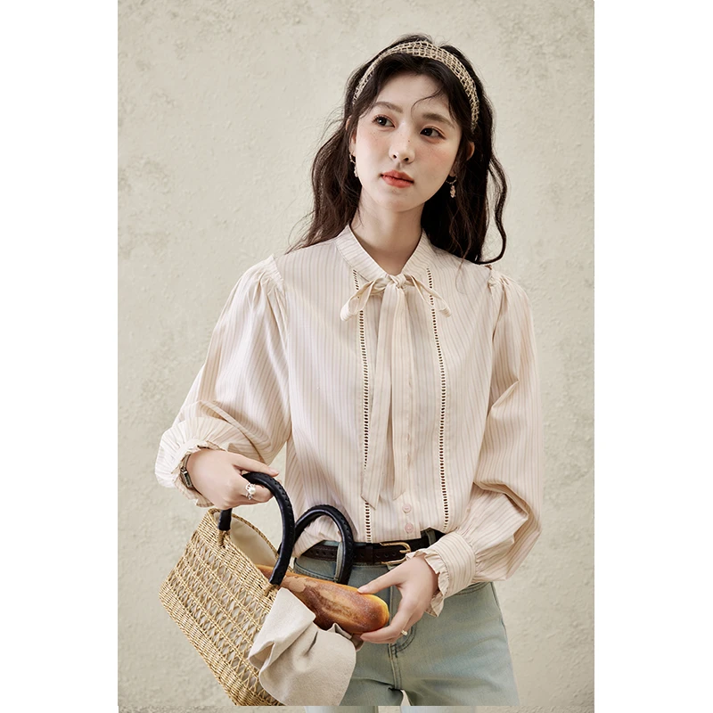 【年中大促】谜秀立领绑带条纹衬衫女2025春季新款法式风设计感小众