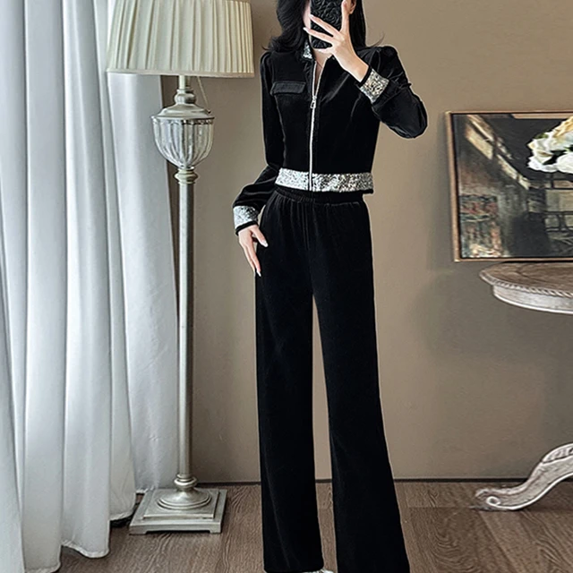 迪卡侬贵宾高端运动休闲套装女秋冬显瘦气质时尚减龄金丝绒阔腿裤